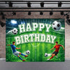 A vibrant green soccer field backdrop featuring a birthday message and two players celebrating.