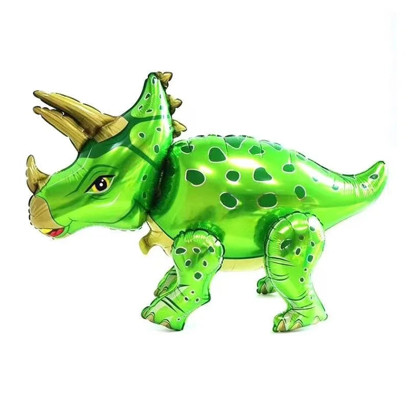 A bright green dinosaur balloon decoration with spiky crests and textured skin.