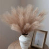 A bouquet of light beige pampas grass stems in a white ceramic vase on a wooden surface.