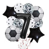 A set of black and white patterned football shaped helium foil balloons and a large number seven balloon for party decoration