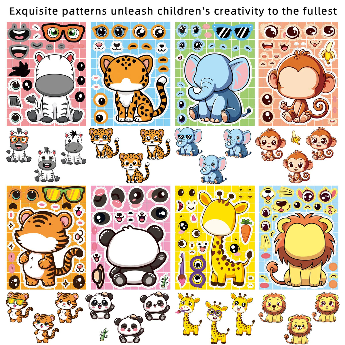 A collection of cartoon animal puzzle stickers featuring various animals like tigers, elephants, and monkeys.