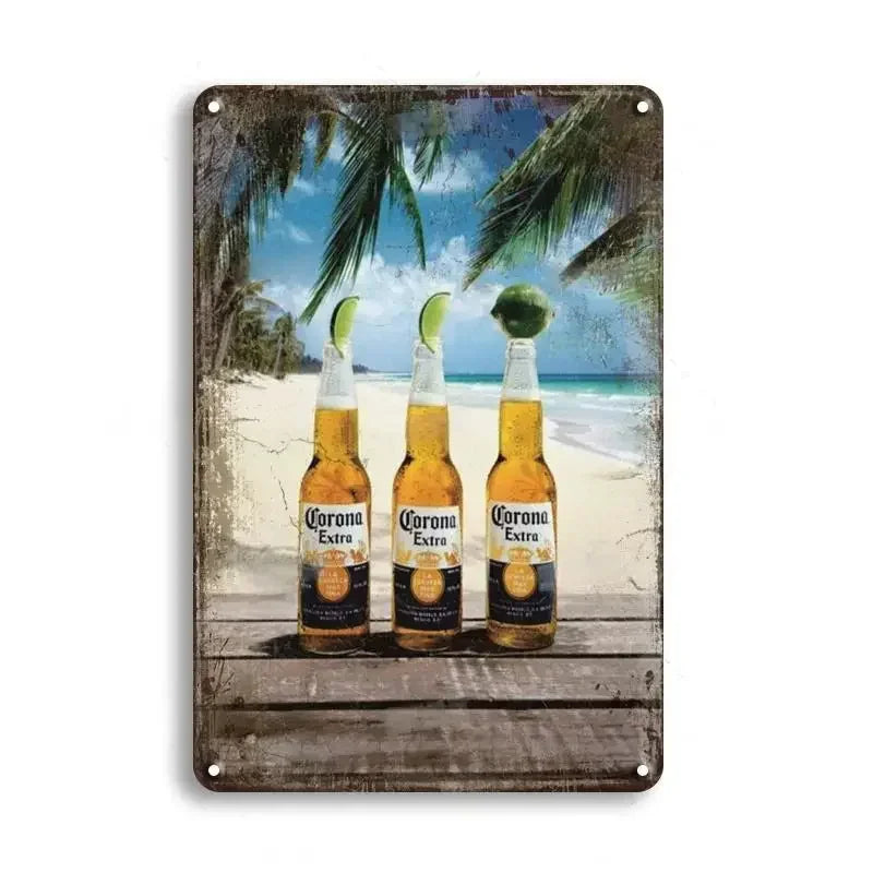 A vintage beer metal sign set featuring three Corona Extra signs set against a tropical beach background.