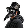A person wearing a black plague doctor mask with a long beak and a dark hooded garment.