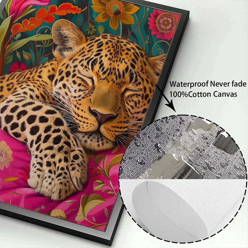 Canvas print featuring a sleeping leopard with floral patterns, displayed in a black frame.