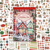 Ein Blatt festlicher Weihnachtssticker mit Motiven aus einem Weihnachtsdorf, Ornaments und saisonalen Elementen zum Basteln.