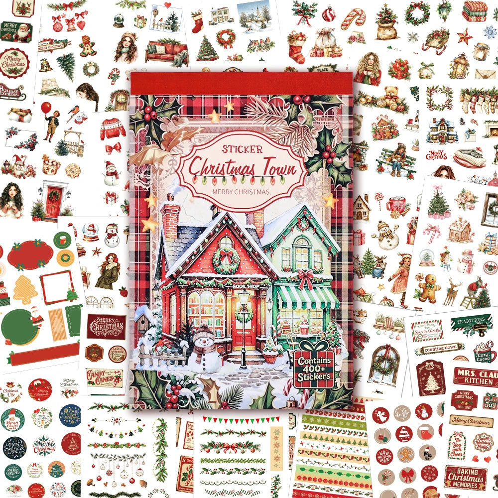 Ein Blatt festlicher Weihnachtssticker mit Motiven aus einem Weihnachtsdorf, Ornaments und saisonalen Elementen zum Basteln.