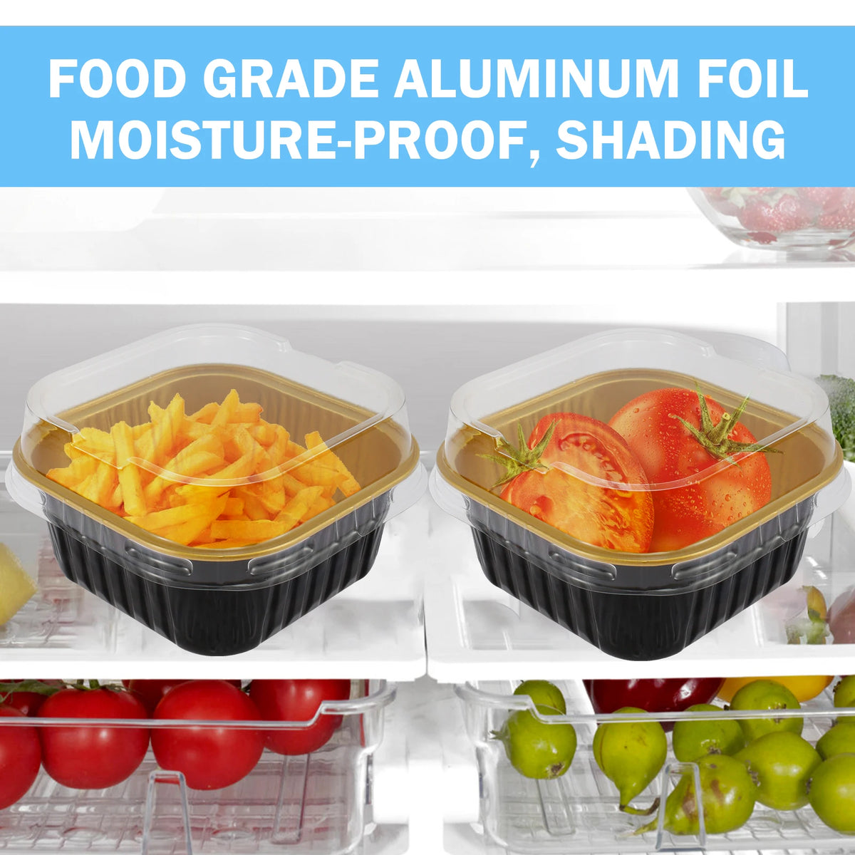 Reusable food grade aluminum foil baking cups with lids and spoons shown in various colors and contexts.
