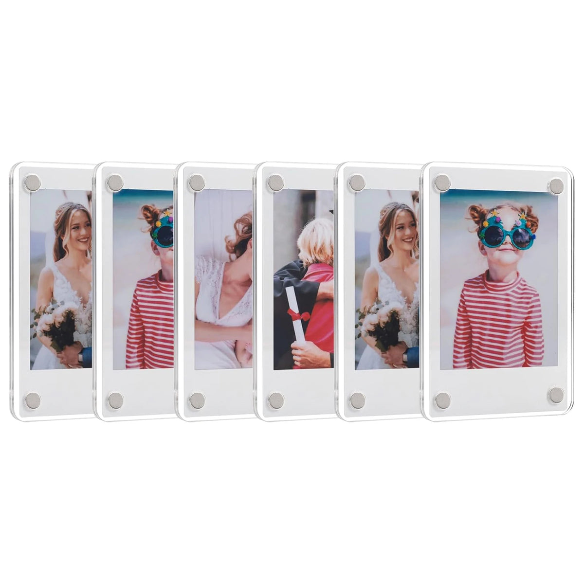A set of clear acrylic magnetic photo frames displaying various people and scenes.