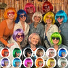 A group of women modeling various neon colored short hair wigs for parties