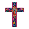 A colorful Mexican cross wood wall art featuring a depiction of the Virgin Mary surrounded by vibrant flowers and foliage.