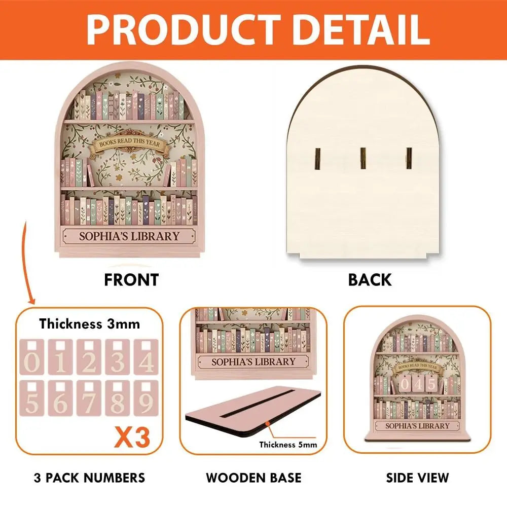 A set of three wooden book read trackers, including a front view, back view, and side view.