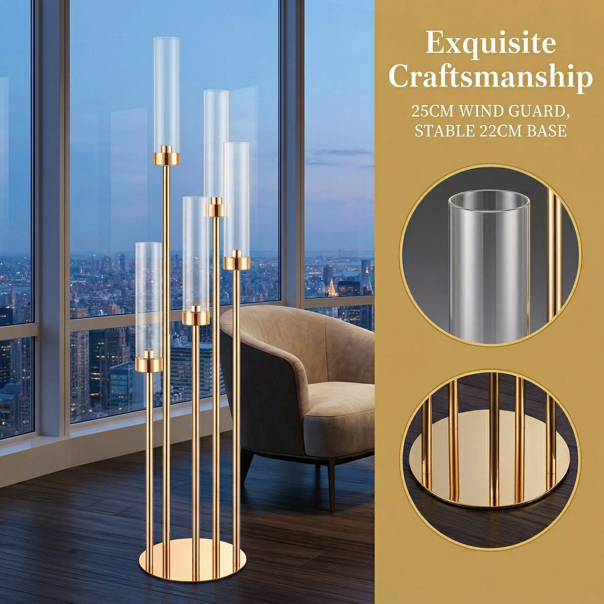 A tall, slender gold LED candle holder with five arms is displayed next to a window overlooking a city skyline.