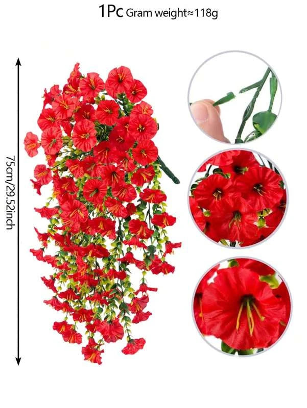 A bunch of bright red artificial morning glory vine flowers with green leaves shown in various views.