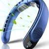 A close-up view of a blue portable neck fan with a rechargeable battery, shown in profile against a white background.