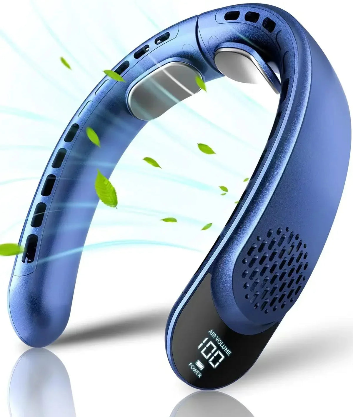A close-up view of a blue portable neck fan with a rechargeable battery, shown in profile against a white background.
