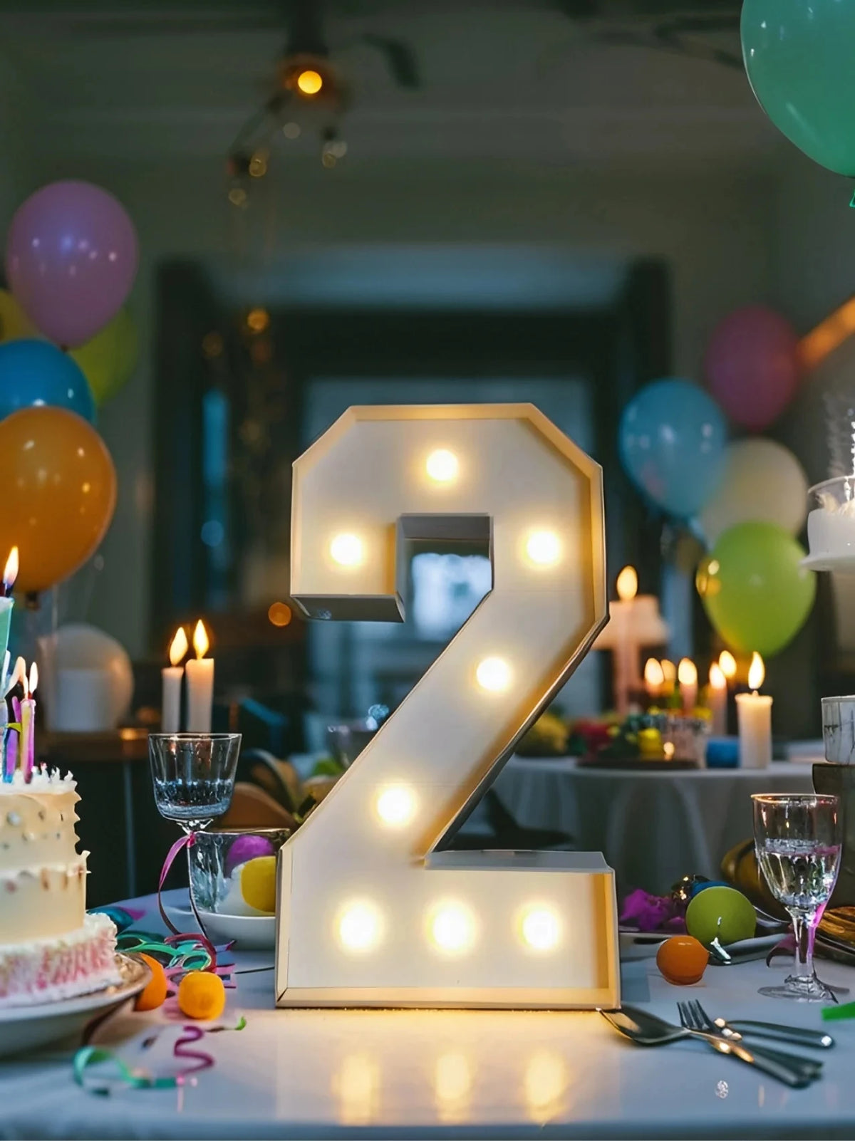 A large illuminated marquee number 2 made of LED lights sits on a table surrounded by balloons and candles.
