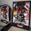 A framed poster of the Hunter x Hunter anime featuring characters in dynamic poses and intense colors.