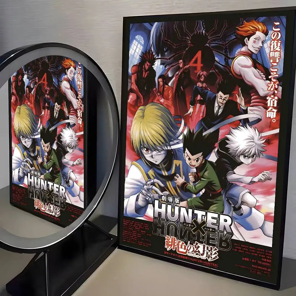A framed poster of the Hunter x Hunter anime featuring characters in dynamic poses and intense colors.