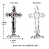 Front and back views of a silver metal crucifix desk cross with a self-adhesive base
