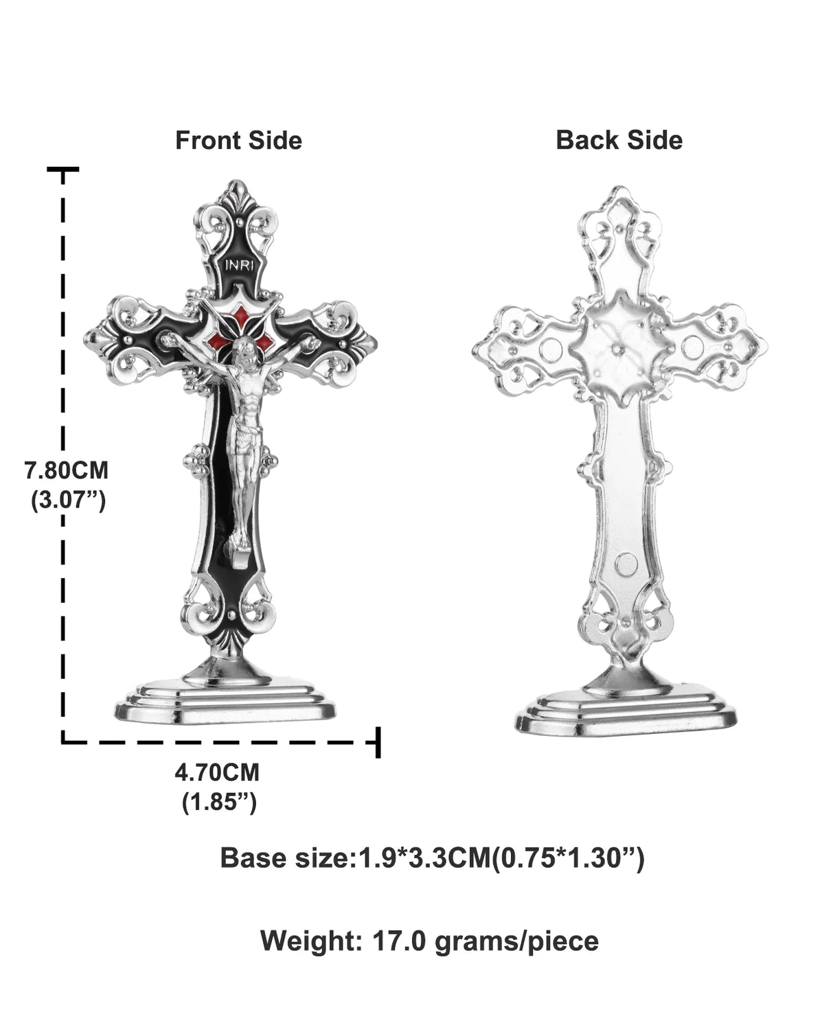 Front and back views of a silver metal crucifix desk cross with a self-adhesive base
