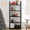 A black wooden bookshelf with five tiers displaying books, decorative items, and a Christmas tree.