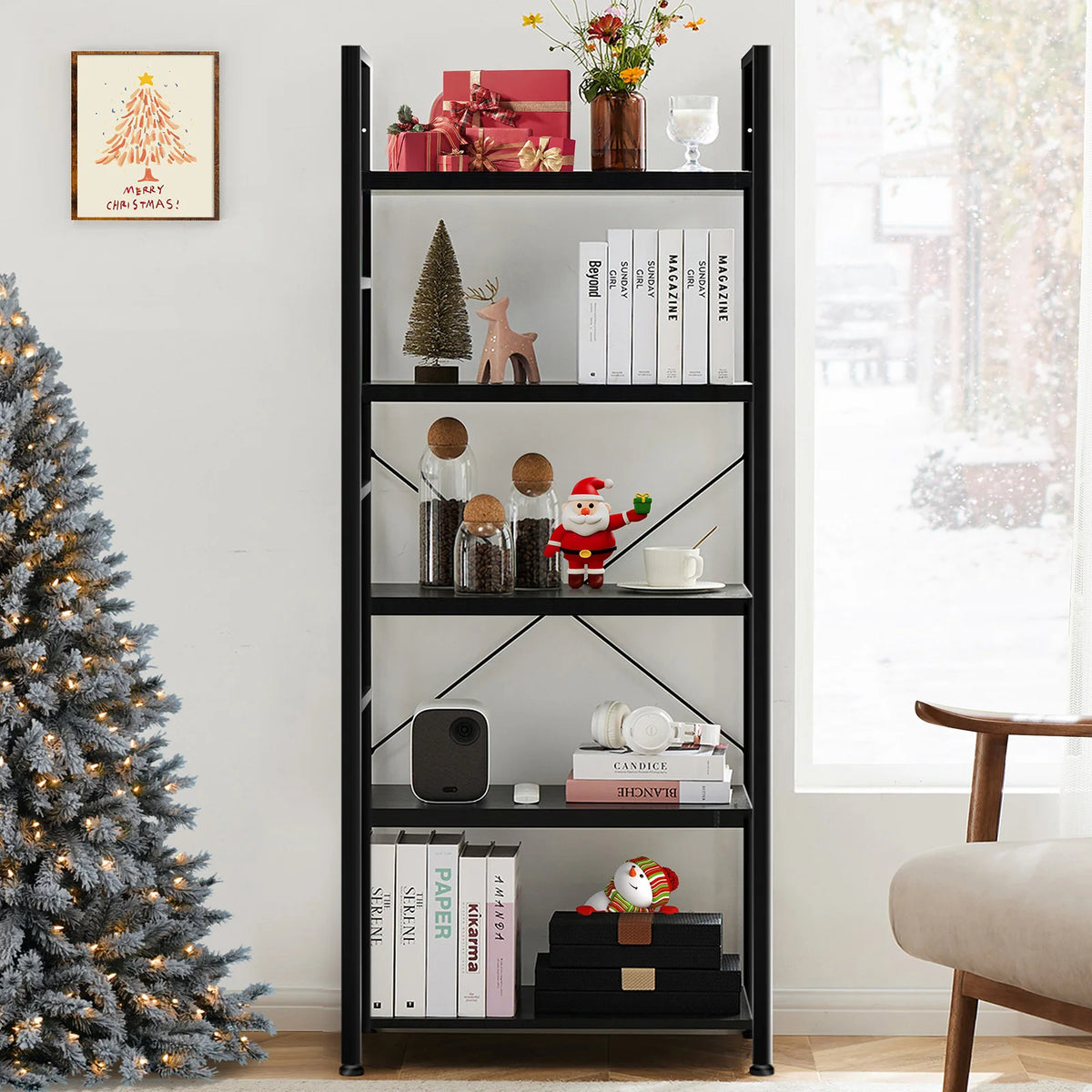 A black wooden bookshelf with five tiers displaying books, decorative items, and a Christmas tree.