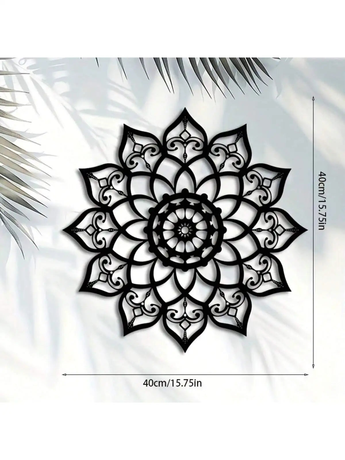 Black metal wall decor featuring an intricate, symmetrical Art Deco style floral mandala design.