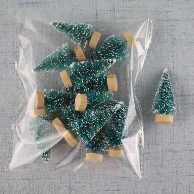 Set of 12 Snow-Flocked Mini Christmas Trees with Wooden Bases