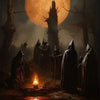 A dark, atmospheric painting of a full moon dominating the sky above silhouetted trees and shadowy figures.