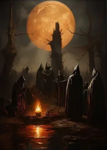 A dark, atmospheric painting of a full moon dominating the sky above silhouetted trees and shadowy figures.