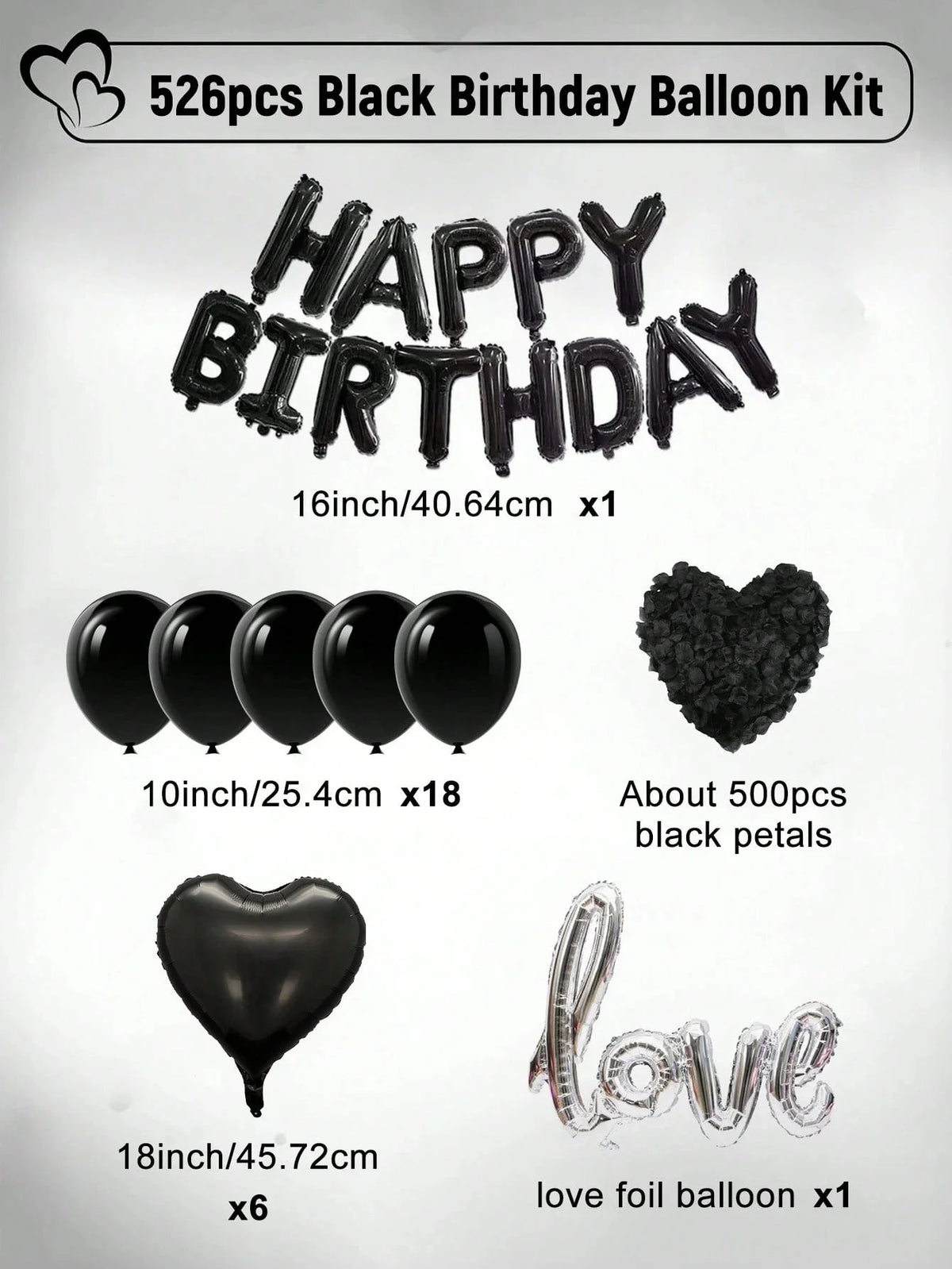 A kit of black birthday balloons including foil letters, heart-shaped balloons, and black rose petals.