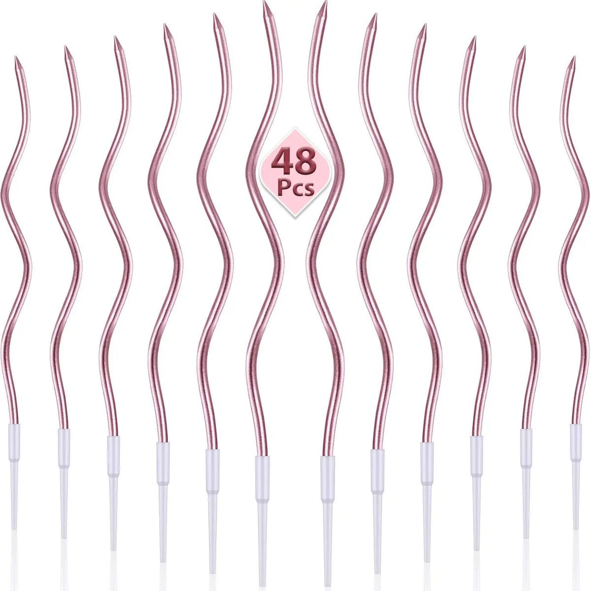 A set of 48 pink spiral birthday cake candles with star toppers.