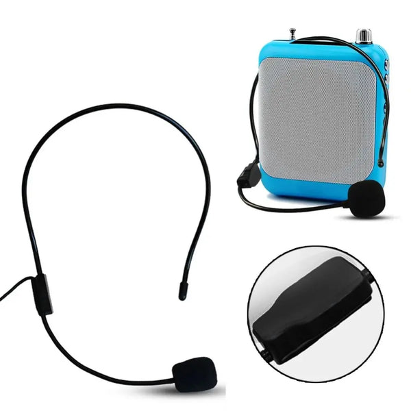 A blue and gray wired headset microphone with a black cable and a separate black microphone piece.
