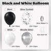 A kit of black and silver balloons including solid black, silver confetti, and metallic silver balloons.