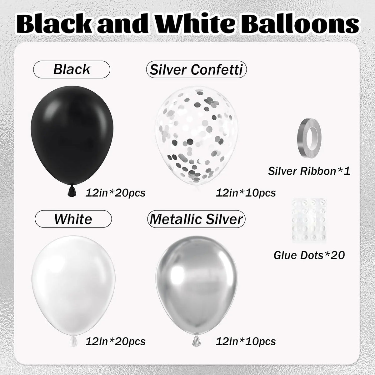 A kit of black and silver balloons including solid black, silver confetti, and metallic silver balloons.