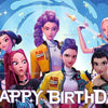A group of six female characters in fantasy attire posing for a happy birthday backdrop.