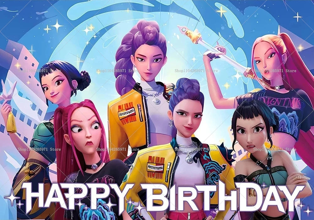 A group of six female characters in fantasy attire posing for a happy birthday backdrop.