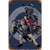 Placa de metal vintage de banda de rock con ilustración estilizada de músico y batería sobre fondo azul oscuro
