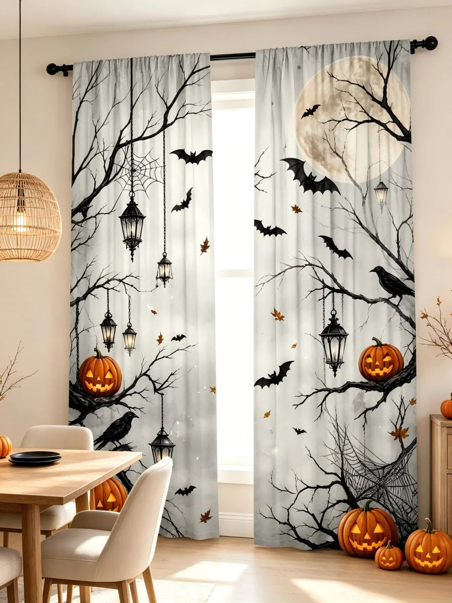 Gray curtains featuring black tree branches, bats, and pumpkins for a spooky Halloween theme