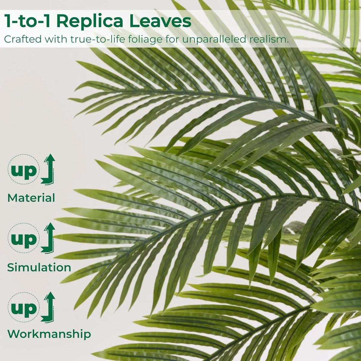 Close-up of a green artificial palm leaf used for realistic foliage decoration.