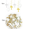 A collection of gold and white cross and feather decorations for party decor, shown in 6 pieces and 70 pieces.