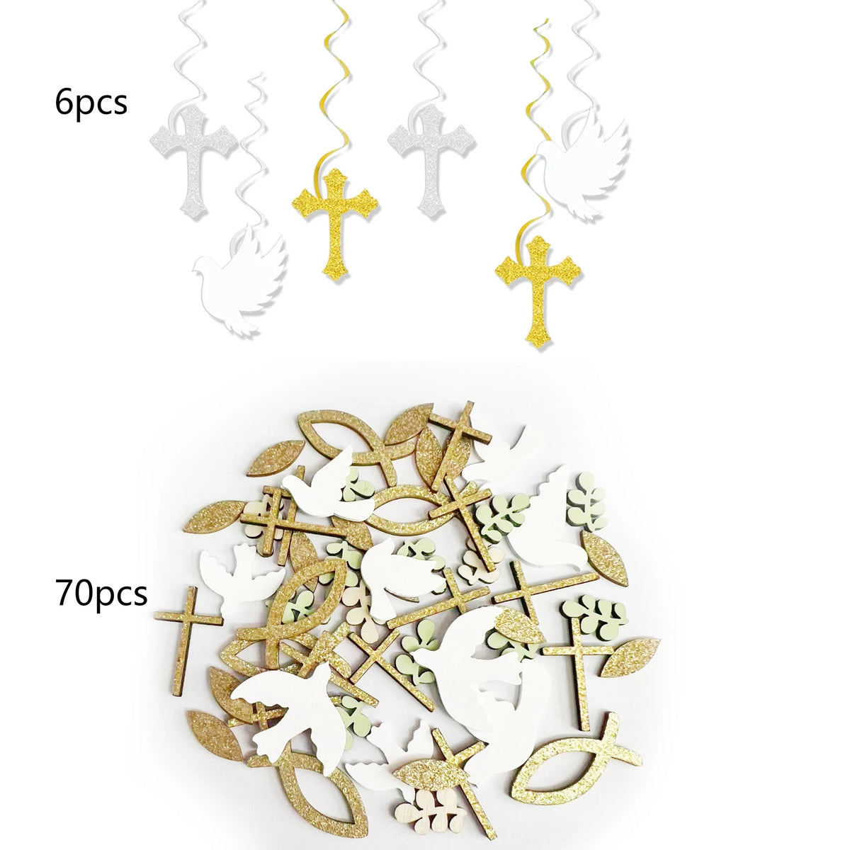 A collection of gold and white cross and feather decorations for party decor, shown in 6 pieces and 70 pieces.