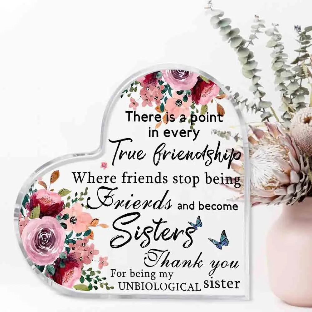 Placa de acrílico con diseño floral y texto deseando verdadera amistad a hermanas