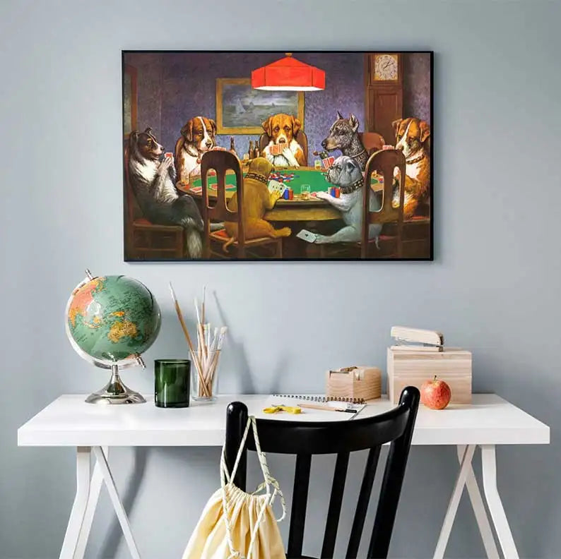 A canvas print depicting several dogs playing poker around a table with a red lampshade above them.