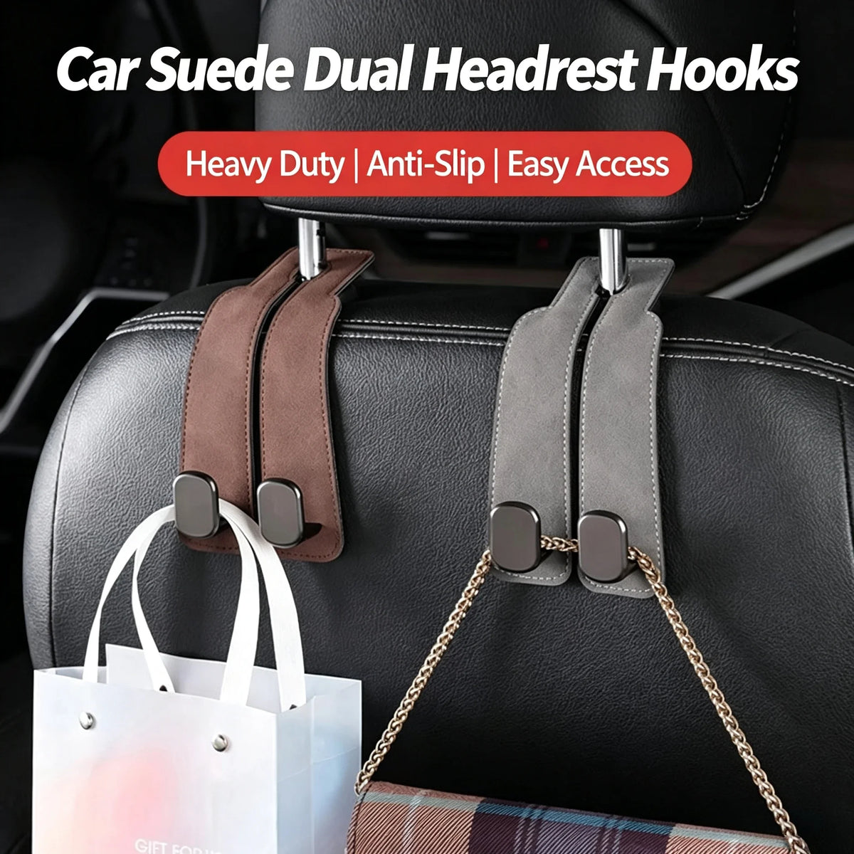 Suede Car Headrest Hooks for Bags and Groceries