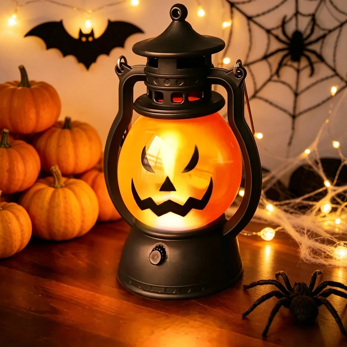 A black lantern shaped like a jack-o'-lantern is displayed on a wooden surface with glowing light and spiderwebs in the backg