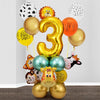 A balloon decoration set featuring large gold number three balloons and various animal-themed balloons like lion and giraffe.