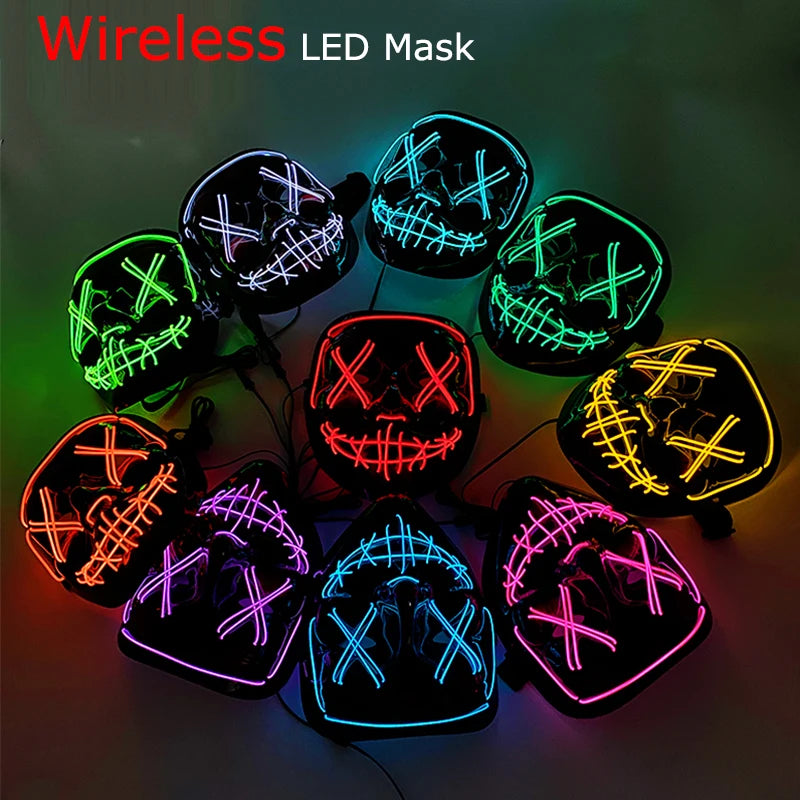 A collection of wireless LED masks featuring neon wire details and glowing eyes, displayed against a dark background.