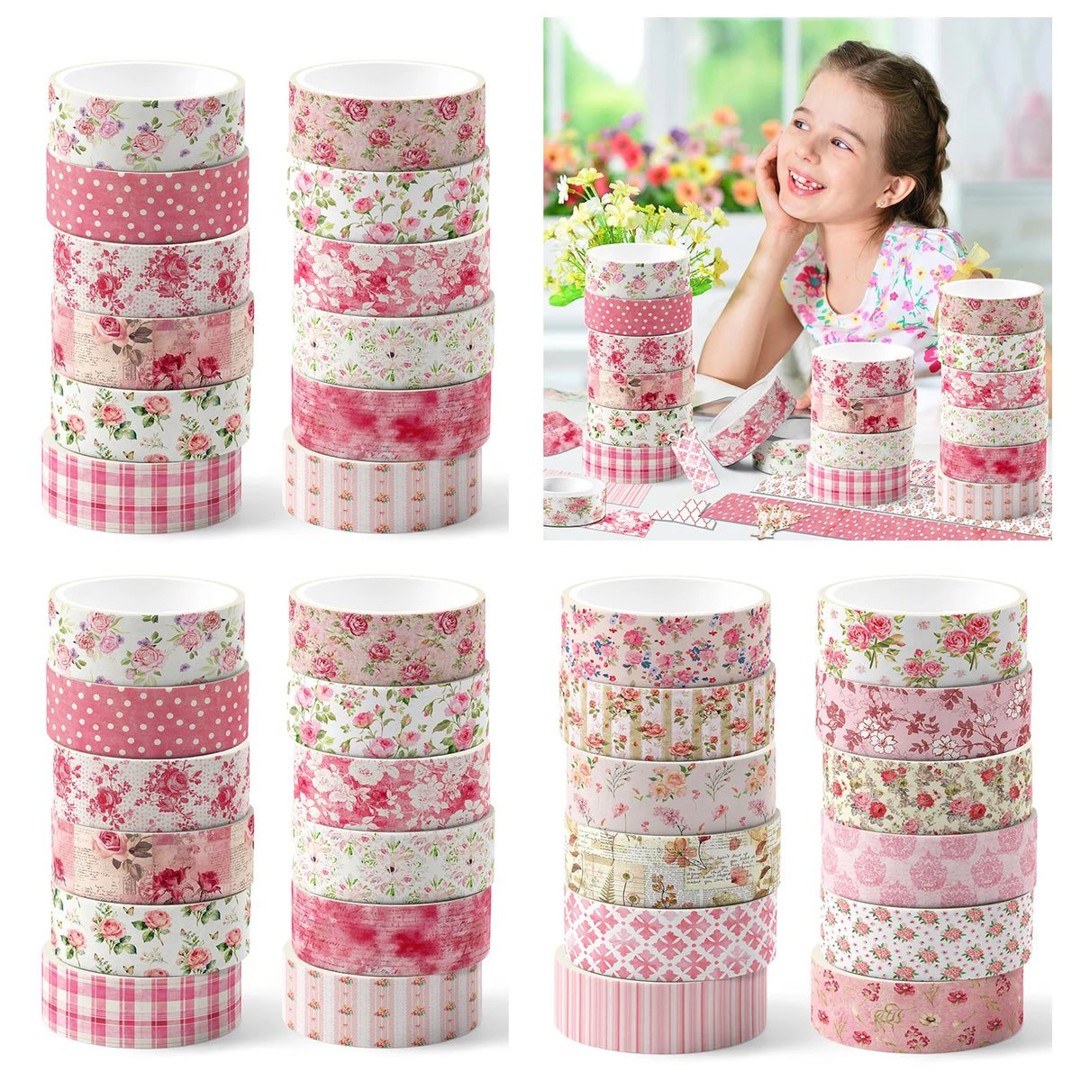 A set of 12 rolls of retro floral washi tape in pink and green patterns for crafting and journaling.