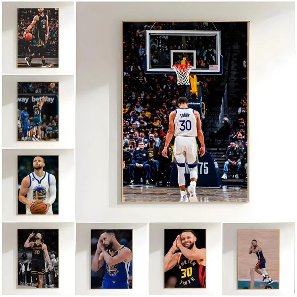 A gallery wall featuring several framed posters of Stephen Curry playing basketball.